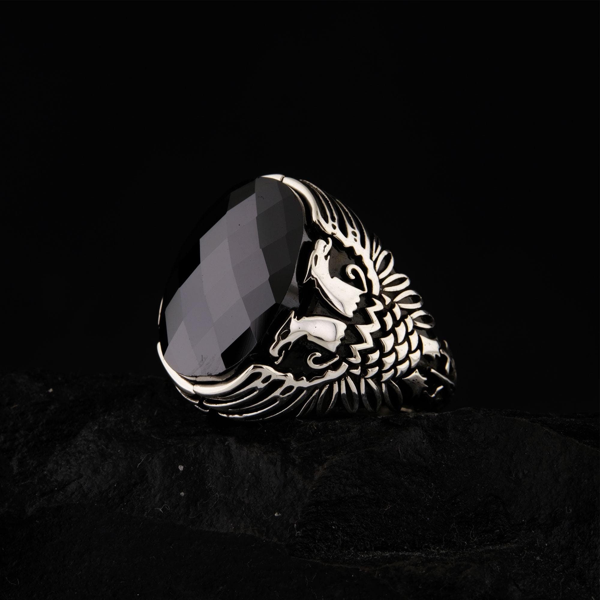 Onyx Silver Ring Eagle Phoenix Carving Men's Statement - Etsy