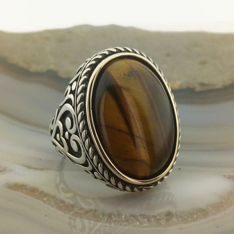 Tiger Eye Ring Tiger Eye Silver Men Ring Brown Gemstone Etsy