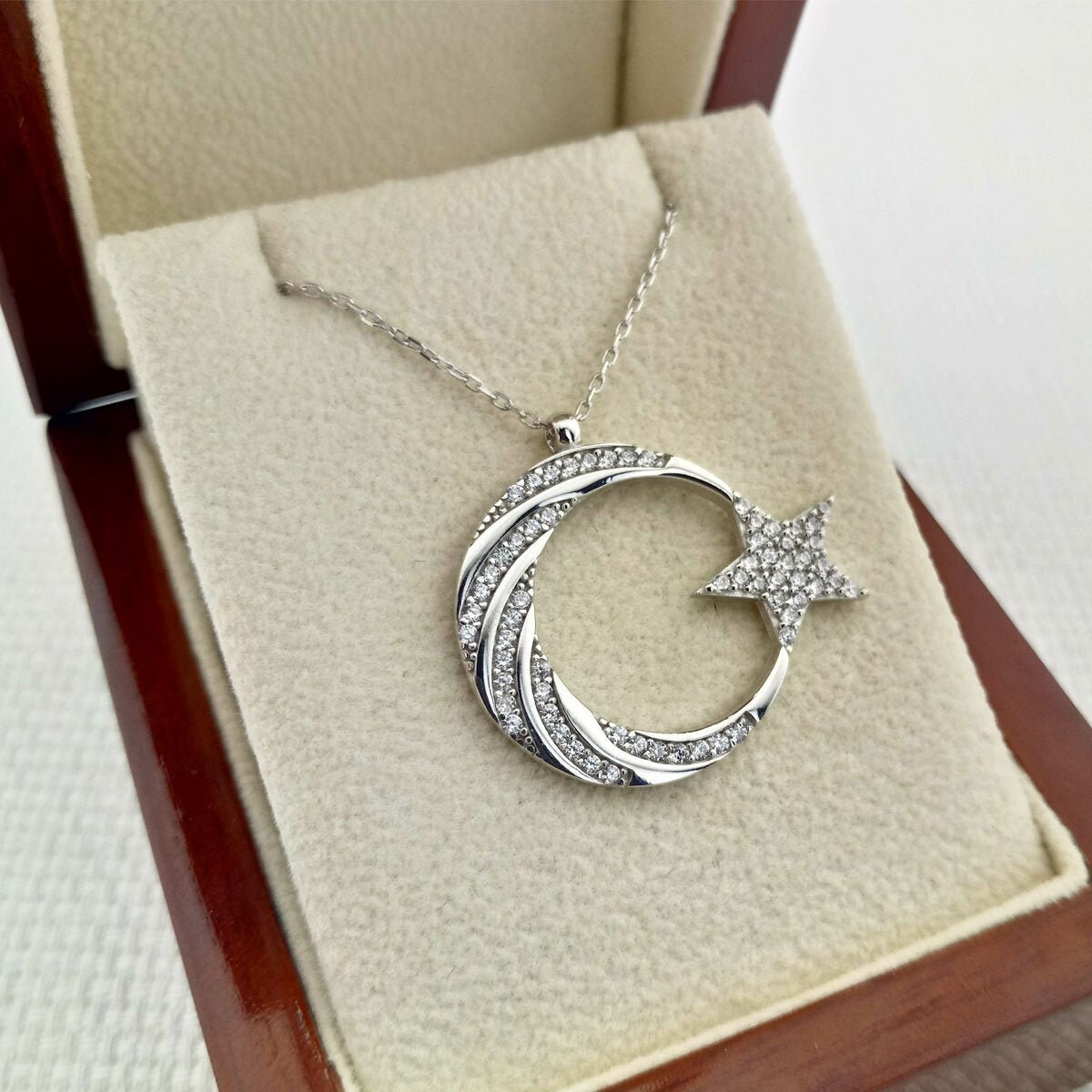 Sterling Silver Crescent Moon and Star Necklace: Astronomy Jewelry