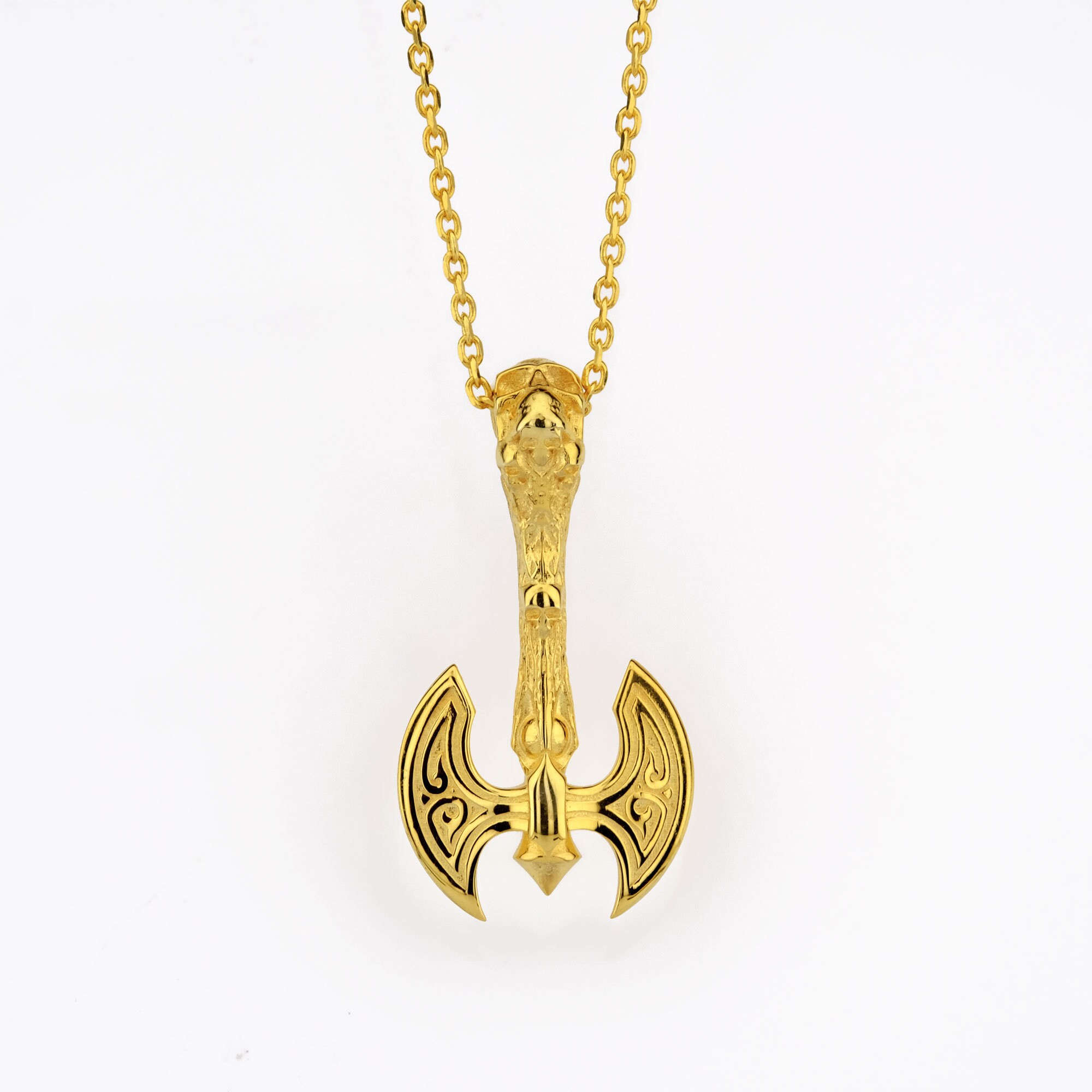 14K Solid Gold Skull Detailed Axe Necklace,double Axe