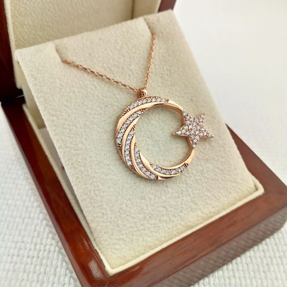 Sterling Silver Crescent Moon and Star Necklace: Astronomy Jewelry