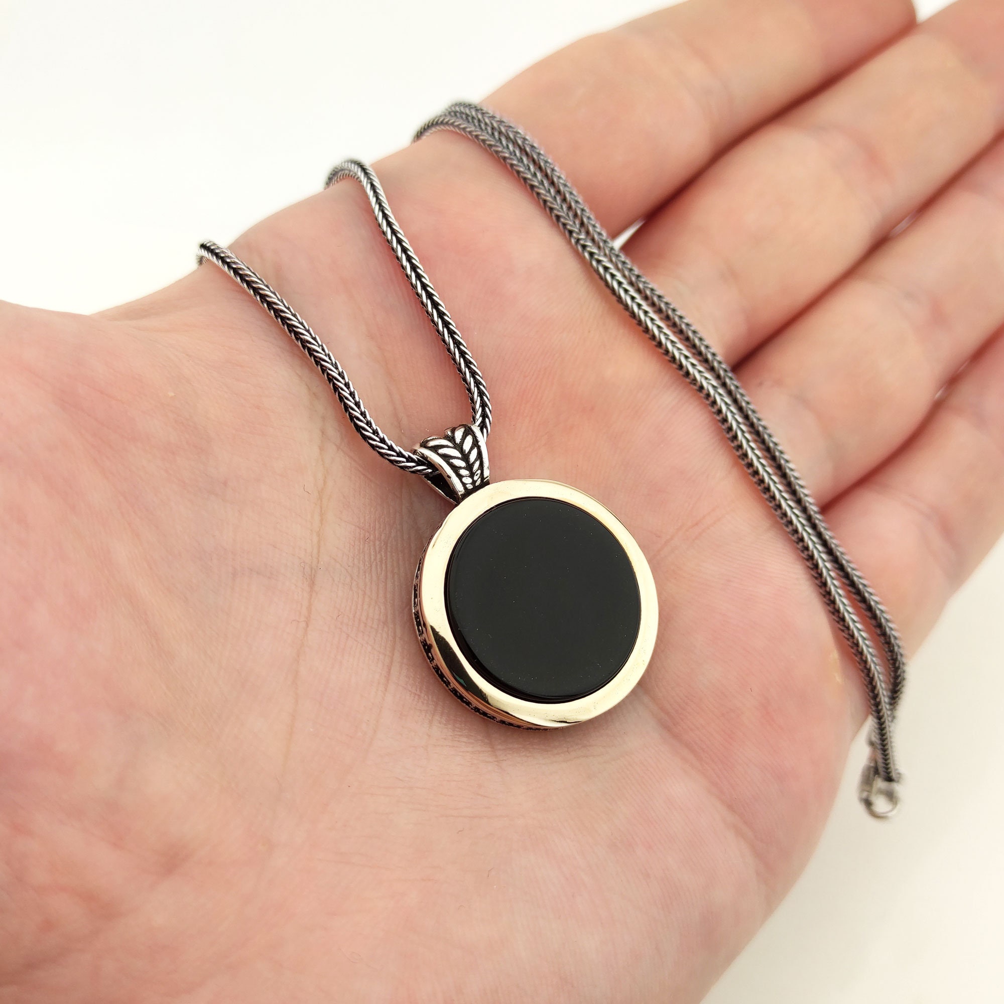 Black Onyx Necklace Silver, Valentines Day Round Onyx