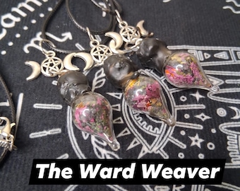 May include: Three glass pendant necklaces with black tops and filled with colorful dried flowers. Each pendant has a silver-colored crescent moon and pentagram charm. The text "The Ward Weaver" is displayed in a black box.