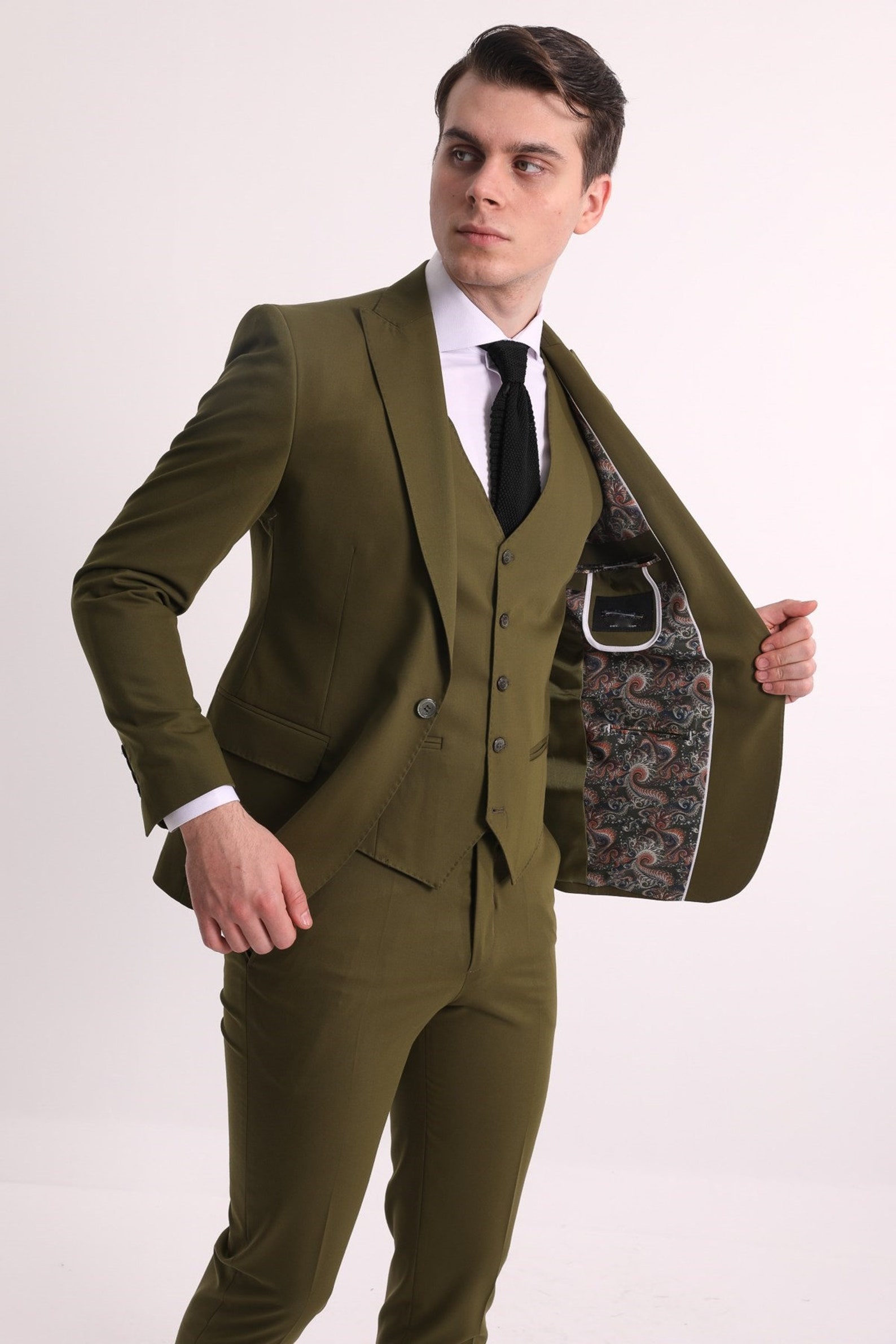 3 Piece Plain Slimfit Khaki Mens Suit With Vest, Pointed Collar, Double