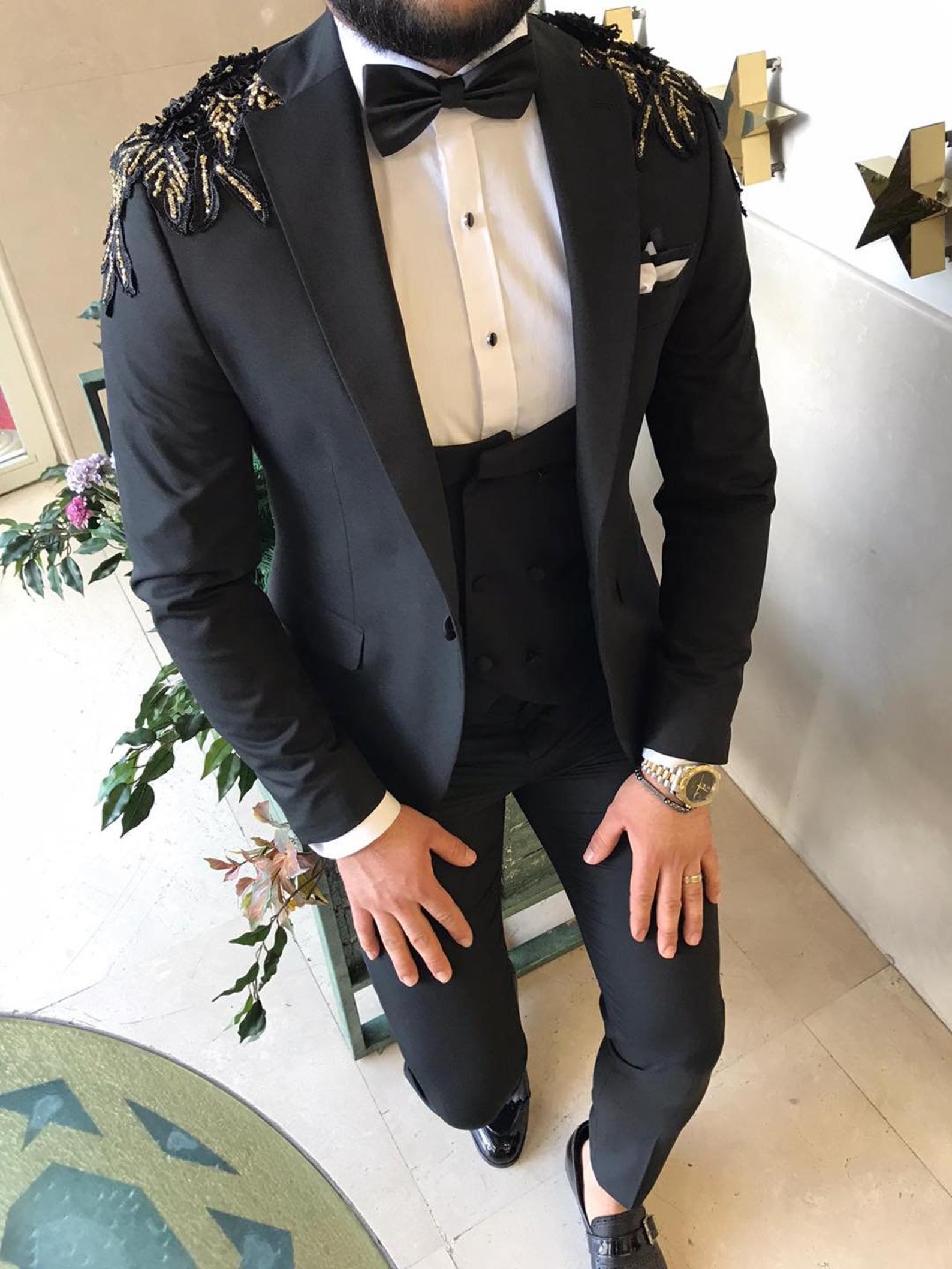 Stone Embroidered Black Tuxedo Brooch Wedding Mens Suit 3 Etsy