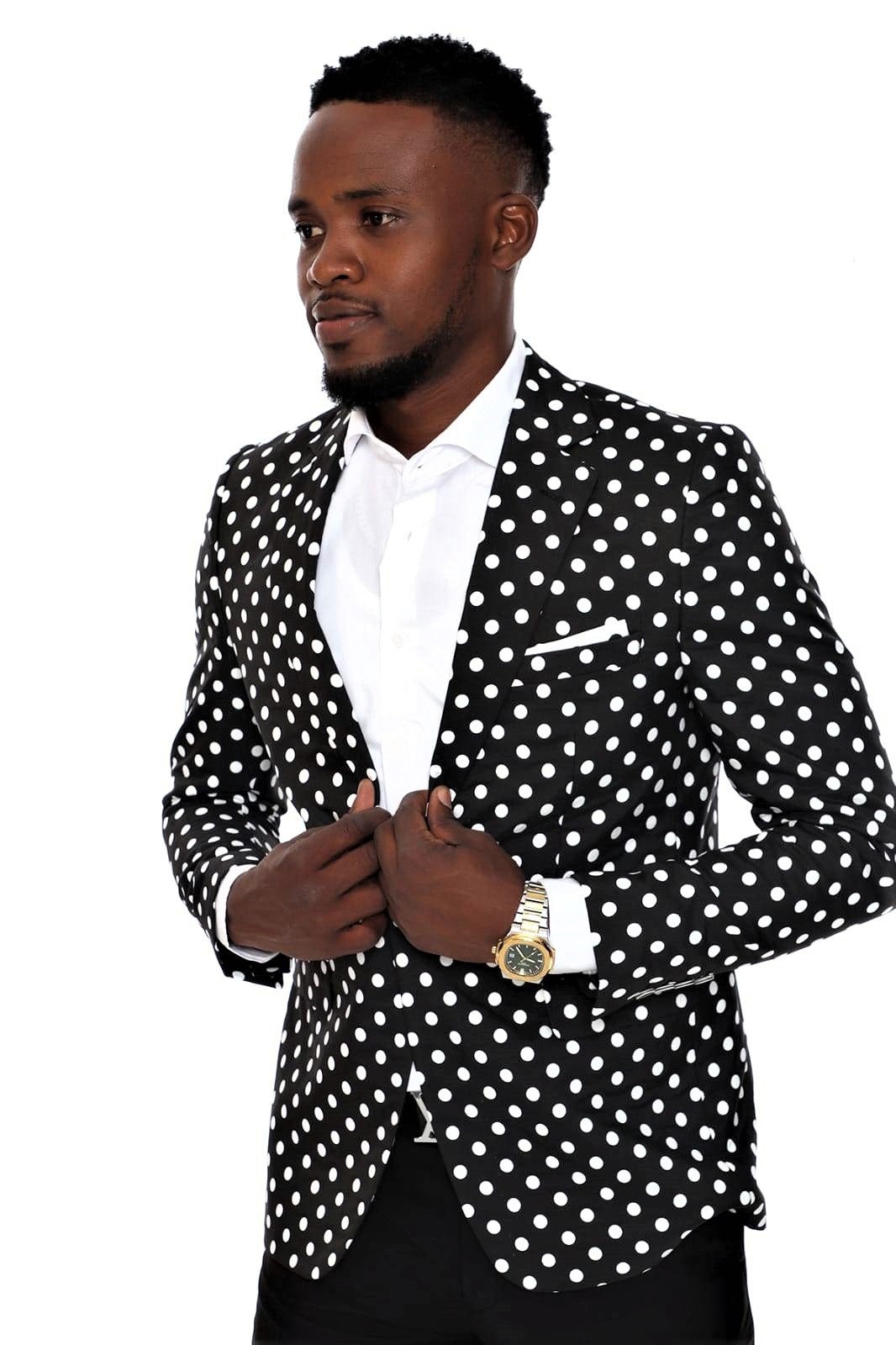 Polka Dot Patterned White Suit One Button Blazer Clean and Crisp