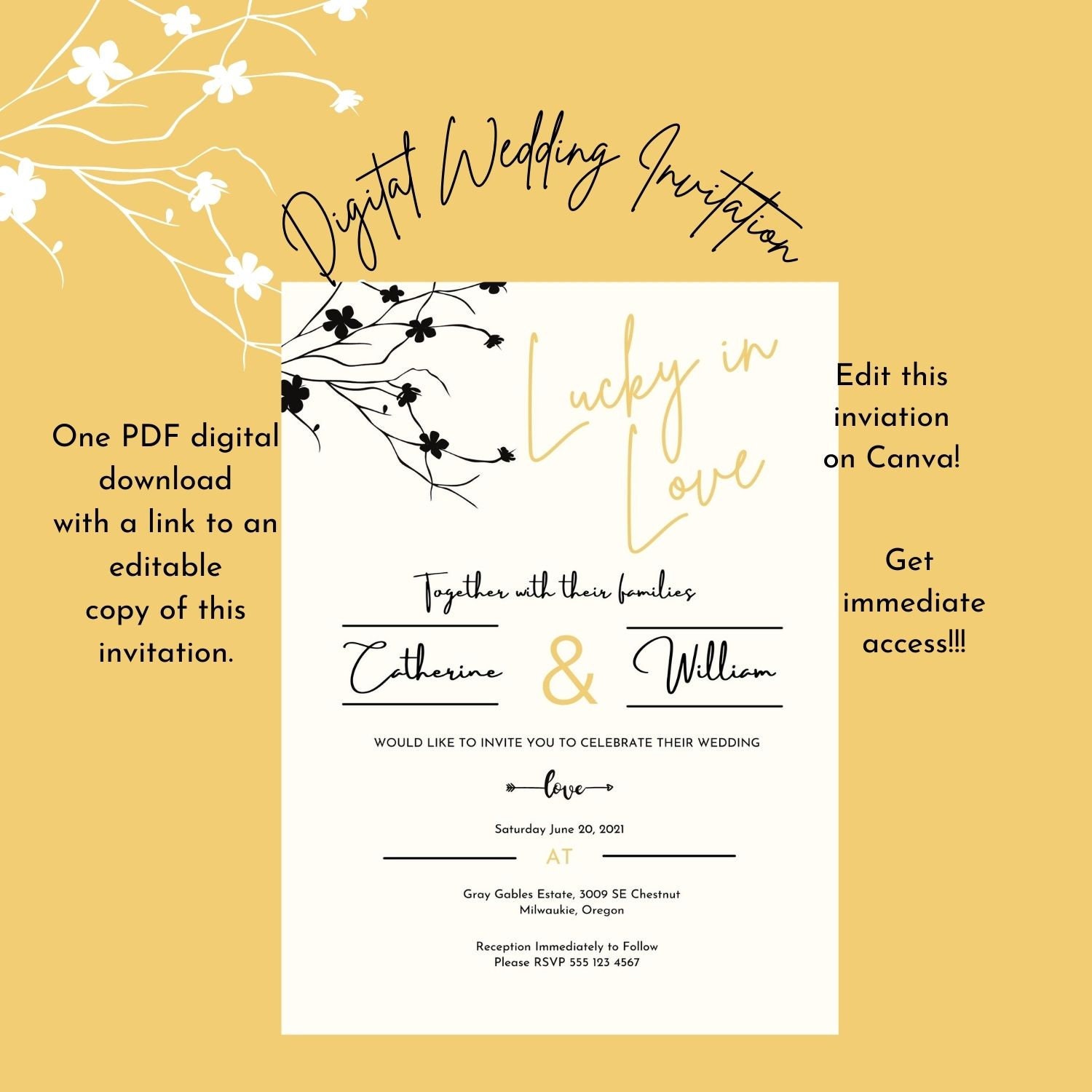 Simple Modern BOHO Wedding invitation Editable on Canva Immediate digital download with link to template.