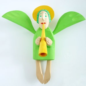 Angel Wall Sculpture / Angel with  Flute Wooden Sculpture