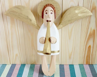 Angel Wall Sculpture / Angel with  Flute Wooden Sculpture / Angel Christmas decoration