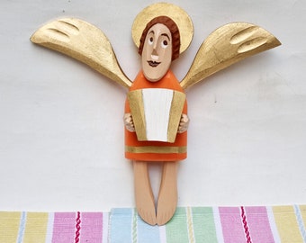 Handcrafted Wooden Angel Wall Sculpture with Accordion