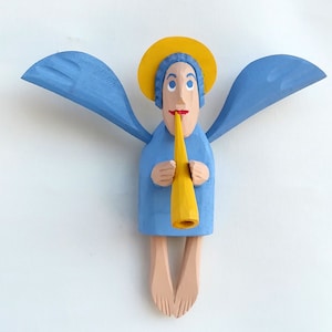 Angel Wall Sculpture / Angel with  Flute Wooden Sculpture / Angel Christmas decoration