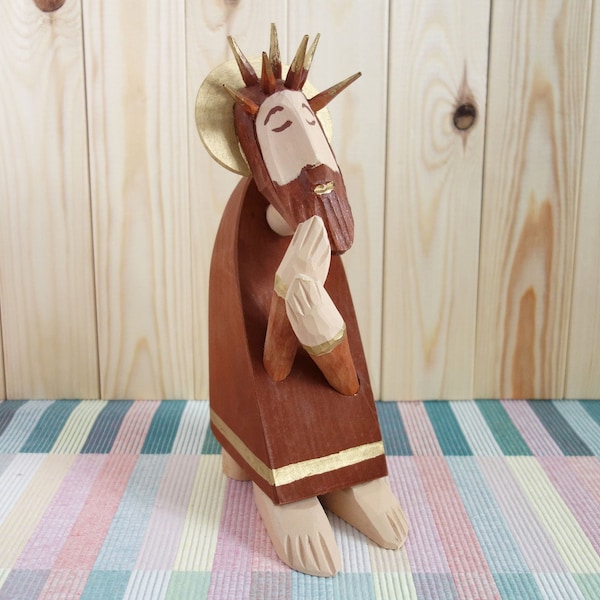 Christ Worried  / Pensive Christ Wood Carving / Wooden Sculpture / Religious sculpture / Jesus Wearing Crown of Thorns