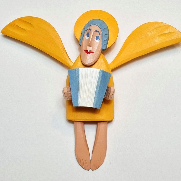 Angel Wall Sculpture / Angel with Accordion Wooden Sculpture