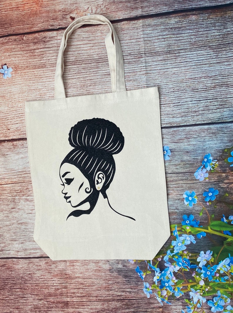 Bun Girl Tote Glitter Tote Black Girls Rock Natural Canvas Bag Black Girl Magic African American Diva Natural Hair