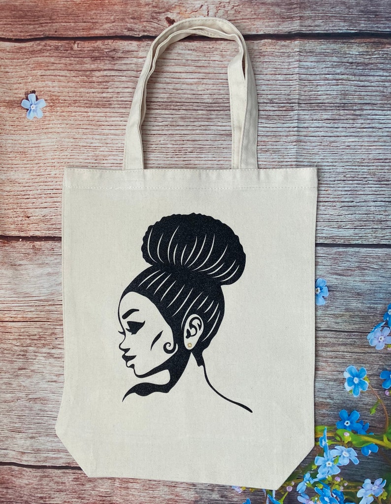 Bun Girl Tote Glitter Tote Black Girls Rock Natural Canvas Bag Black Girl Magic African American Diva Natural Hair