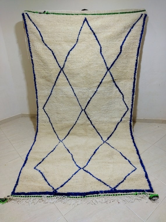 Moroccan traditional carpet, white carpet with blue stripes, handmade carpet made of natural wool