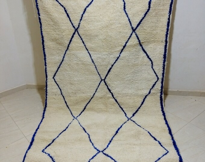 Moroccan traditional carpet, white carpet with blue stripes, handmade carpet made of natural wool