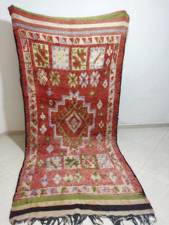 Traditional Moroccan old and used carpet, antique handmade carpet