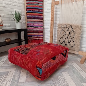 Vintage Moroccan Ottoman, Vintage Square Pouf, Berber Floor Cushion-Moroccan Kilim Pouf , Floor Pouf- Moroccan floor cushion,