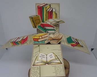 Book Lover, Book Worm Pop Up Box card - Handmade and Personalised to your requirements.