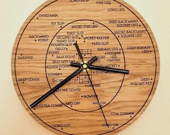 May include: A circular wooden wall clock featuring a cricket field diagram with various fielding positions labelled in black text. The clock face includes a central pitch illustration and three black hands indicating the time against the light wood grain.