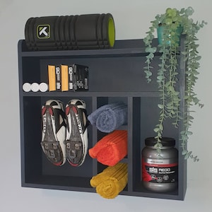 Handmade home gym storage unit, Fitness shelving, Home gym shelving, Indoor treadmill spin bike cycling shelf, Yoga equipment storage unit