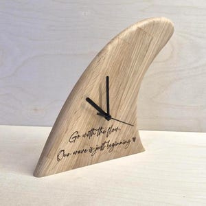 Solid Oak Surf Fin Clock – Silent Quartz, Custom Engraving Available