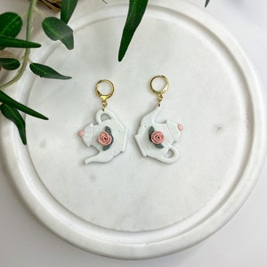 Teapot Earrings | Handmade Rose Earrings | Polymer Clay Earrings | Cute Gifts for Friends | Cottagecore Earrings | Clay Earrings Flower