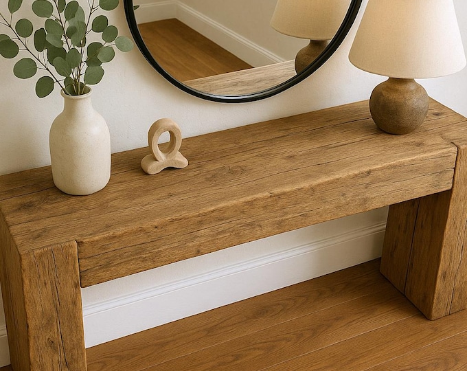 Pine Faux Beam Console Table – Modern Rustic Style Pine Console Table – Handmade Entryway Table, Farmhouse Console, Weathered Aesthetic