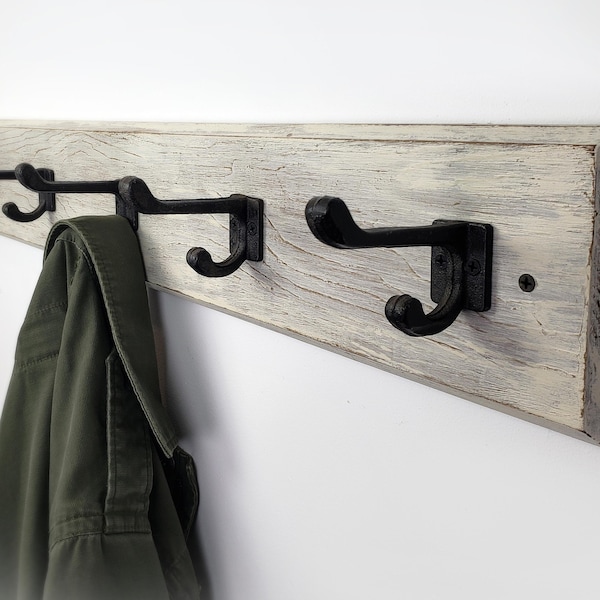 Wall Mounted Coat Rack, Rustic Coat Rack, Wall Hanging, Entryway Organizer, Wooden Coat Rack, Black  Cast Iron Hooks, Mudroom Coat Rack