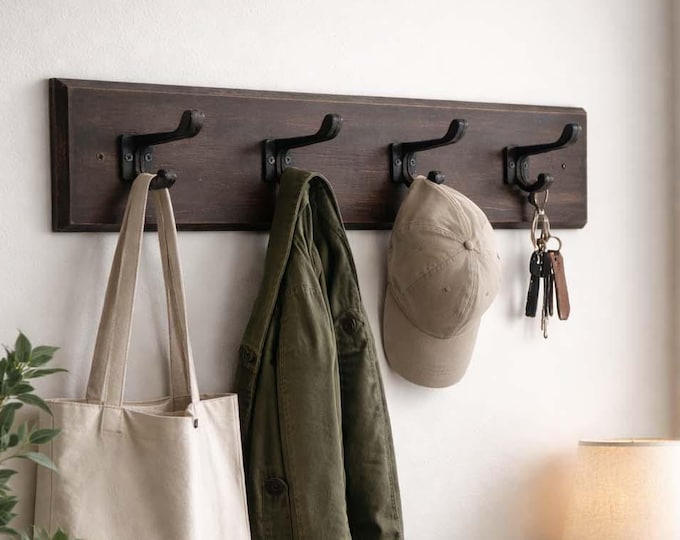 Wall Mounted Coat Rack, Rustic Coat Rack, Wall Hanging, Entryway Organizer, Wooden Coat Rack, Black Hooks, Mudroom Coat Rack, Handcrafted