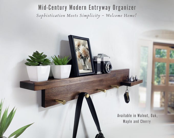Mid-Century Modern Entryway Organizer, Walnut Key Hook, Walnut Entryway Organizer, Brass Key Hooks with Mail Holder, Solid Walnut Key Hook