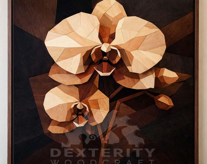 Geometric Orchid Wood Mosaic Wall Art | Handcrafted Hardwood Wall Sculpture | Modern Botanical Decor | Walnut Floater Frame