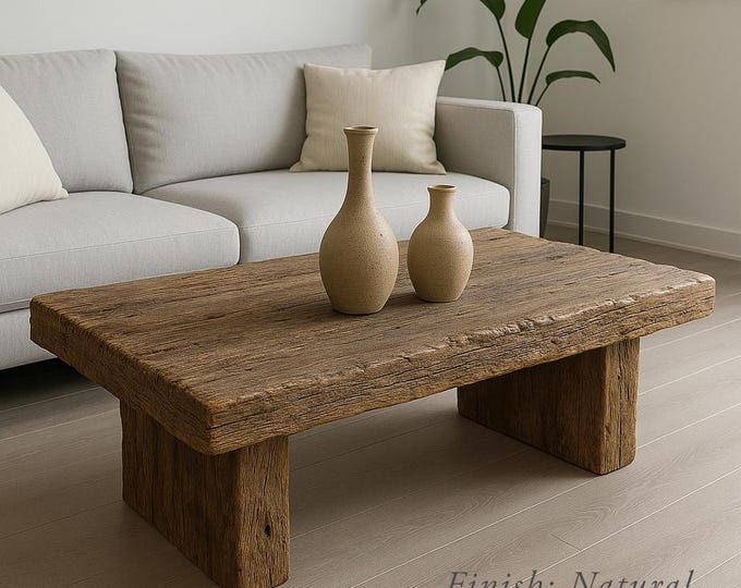 Rustic Coffee Table – Rustic Low Table with Thick Slab Top – Weathered Finish for Modern or Farmhouse Living Room