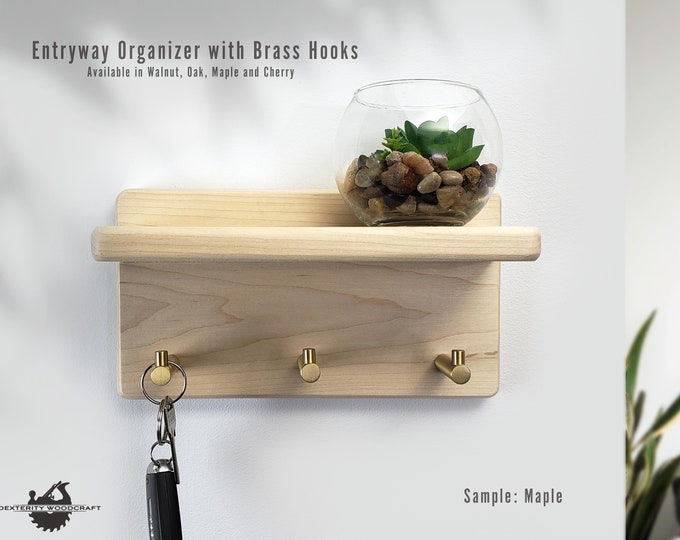 Maple Key Holder, Handcrafted Entryway Organizer, Floating Key Holder Shelf, Wall-Mounted Key Hanger for Wall, Key Organizer, walnut shelf