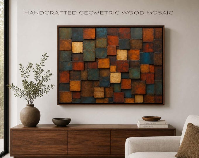 Geometric Wood Mosaic Wall Art | Contemporary Abstract Wood Art | Modern Rustic Statement Wall Décor | Framed Textured Wooden Artwork