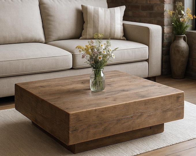 Rustic Coffee Table – Rustic Low Table with Thick Slab Top – Weathered Finish for Modern or Farmhouse Living Room - Custom Coffee Table