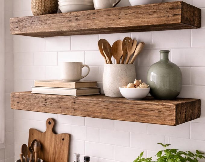Rustic Floating Shelves (Set of 2) – Thick Solid Wood, Mitered Beam Design, Stud-Mounted Support