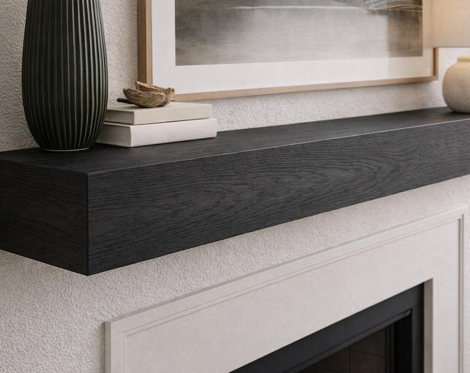 Black Oak Fireplace Mantel – Floating Wood Beam Shelf, Modern Minimalist Mantel, Handcrafted Solid Wood, Contemporary Fireplace Decor