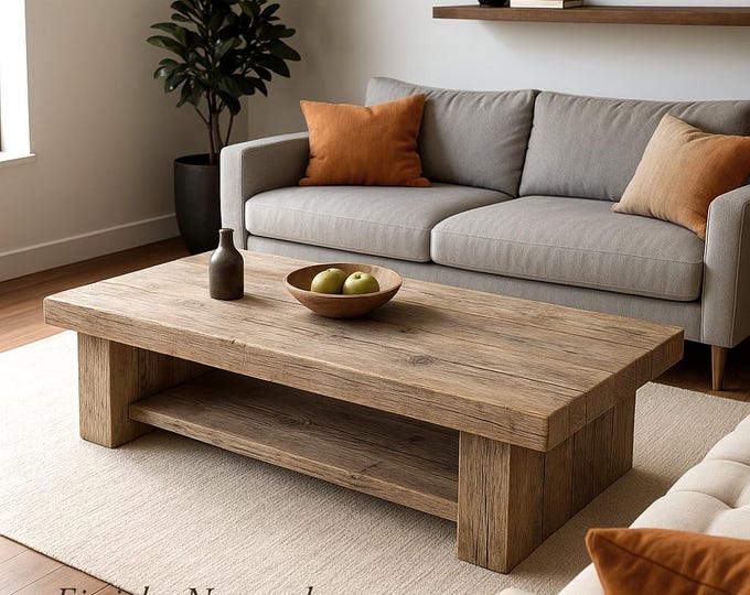 Rustic Coffee Table – Rustic Low Table with Thick Top – Weathered Finish for Modern or Farmhouse Living Room