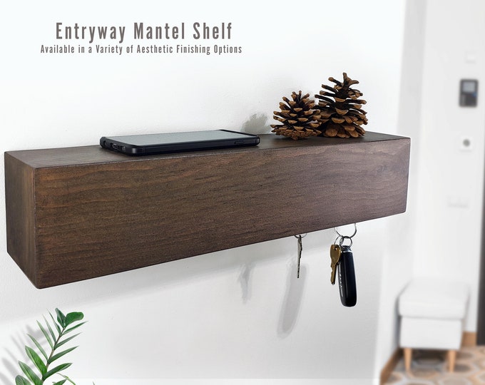 Entryway Mantel Shelf, Wood Wall Mount Shelf with Magnetic Key Holder, Modern Home Decor, Key Holder, Entryway Storage Solution, Handcrafted