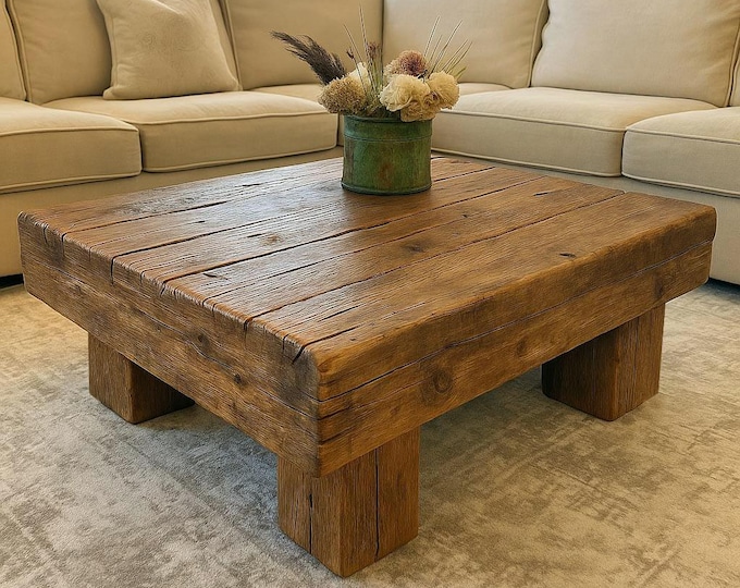 Rustic Coffee Table – Rustic Low Table with Thick Slab Top – Weathered Finish for Modern or Farmhouse Living Room - Custom Coffee Table