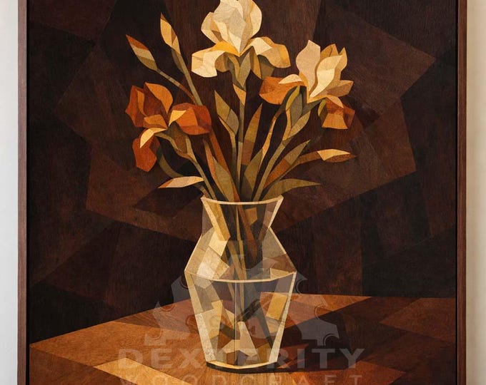 Geometric Iris Wood Mosaic Wall Art | Handcrafted Hardwood Floral Wall Sculpture | Modern Botanical Decor | Contemporary Wood Art