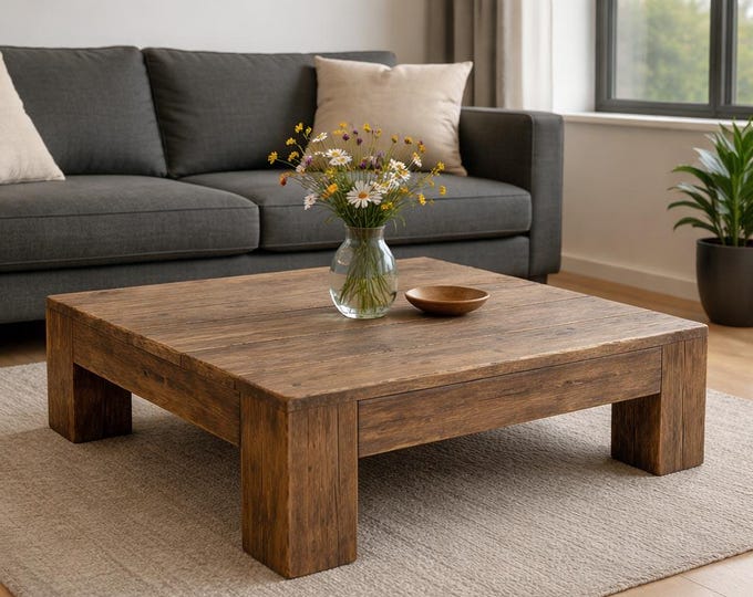 Rustic Farmhouse Coffee Table – Rustic Table with Thick Legs – Weathered Finish, Modern or Farmhouse Coffee Table