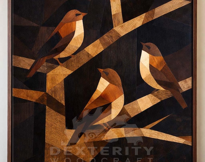 Geometric Bird Wood Mosaic Wall Art | Handcrafted Hardwood Bird Wall Sculpture | Modern Woodland Decor