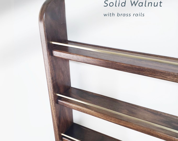 Walnut Hardwood Wall Mount Spice Rack - Kitchen Organizer & Bottle Holder, Handmade Hanging Wooden Shelf for Spices, Wooden storage shelf