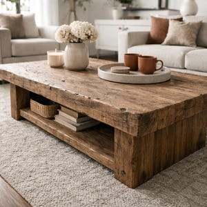 Rustic Solid Wood Coffee Table with Shelf, Thick Slab Style, Modern Farmhouse Coffee Table, Chunky Wood Living Room Table