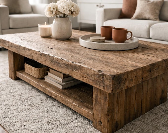 Rustic Solid Wood Coffee Table with Shelf, Thick Slab Style, Modern Farmhouse Coffee Table, Chunky Wood Living Room Table