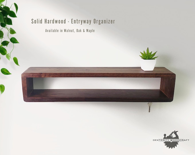 Solid Wood Floating Shelf, Entryway Organizer, Magnetic Key Holder, Hardwood, Walnut, Oak, Maple, Cherry, Handcrafted