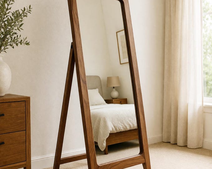 Walnut Floor Mirror with Rounded Frame – Freestanding Full Length Mirror, Mid Century Modern Wooden Mirror, Minimalist Bedroom Mirror